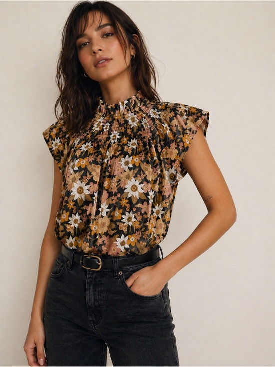 moodie Tops - Moodie Smocked High-Neck Blouse in Floral Black Pattern, SZ L NWOT